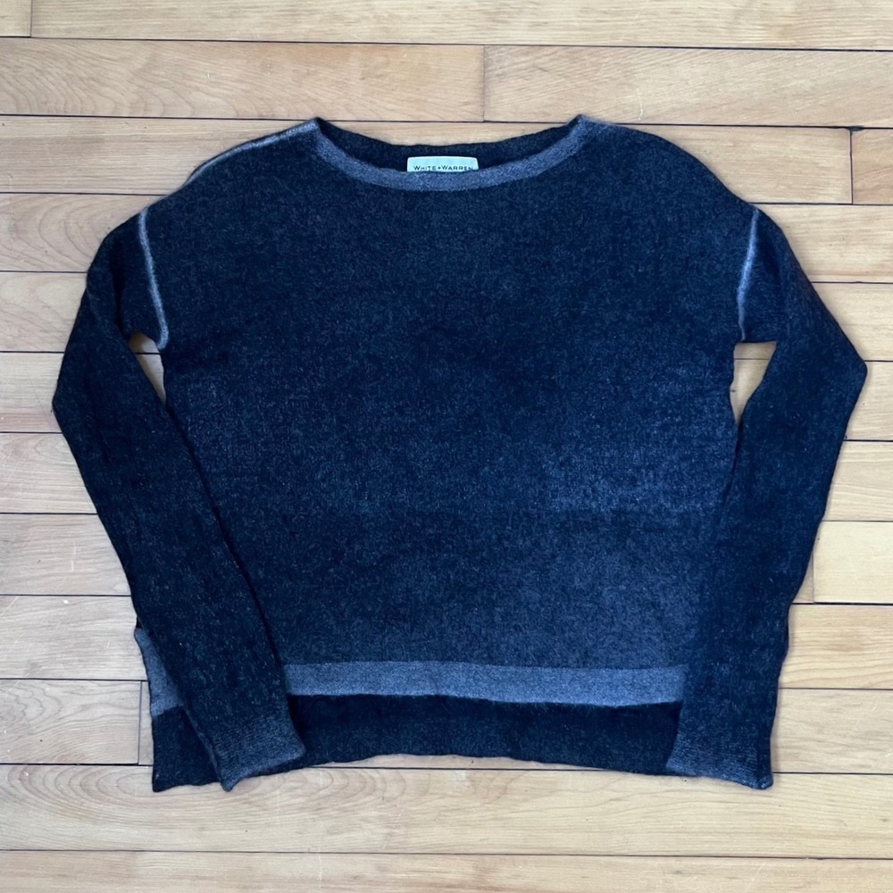 White + Warren Small Charcoal Gray Cashmere Blend Crew Neck Sweater Side Slits